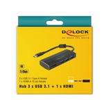DeLOCK USB 3.2 Gen 1 Hub, USB-C Stecker > 3x USB-A Buchse + HDMI Buchse, USB-Hub schwarz, 15cm