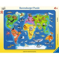 Ravensburger Kinderpuzzle Weltkarte mit Tieren 30 Teile, Rahmenpuzzle