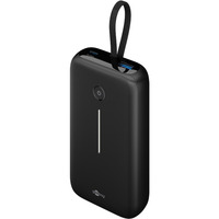 goobay Powerbank 20.000 mAh, integriertes USB-C Kabel 13cm, 30 Watt schwarz, 20 Ah, 1x USB-A, 2x USB-C, PD, QC