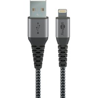 goobay USB 2.0 Adapterkabel, USB-A Stecker > Lightning Stecker grau/silber, 2 Meter, gesleevt, Metallstecker