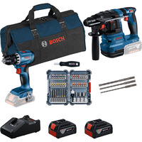 Bosch Professional 18V Profi-Set Bohrhammer GBH 18V-22 + Bohrschrauber GSR 18V-45 blau/schwarz, 2x Li-Ionen Akku 4,0Ah, Hammerbohrer- und Bit-Set, Werkzeugtasche