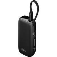 goobay Powerbank 5.000 mAh, integriertes USB-C Kabel 13cm, 20 Watt schwarz, 5 Ah, 1x USB-A, 1x USB-C, PD, QC