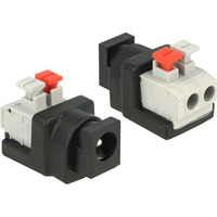 DeLOCK DC 5,5x2,1mm Buchse > Terminalblock 2Pin, Adapter schwarz/grau, Terminalblock schraubenlos m.Drucktasten