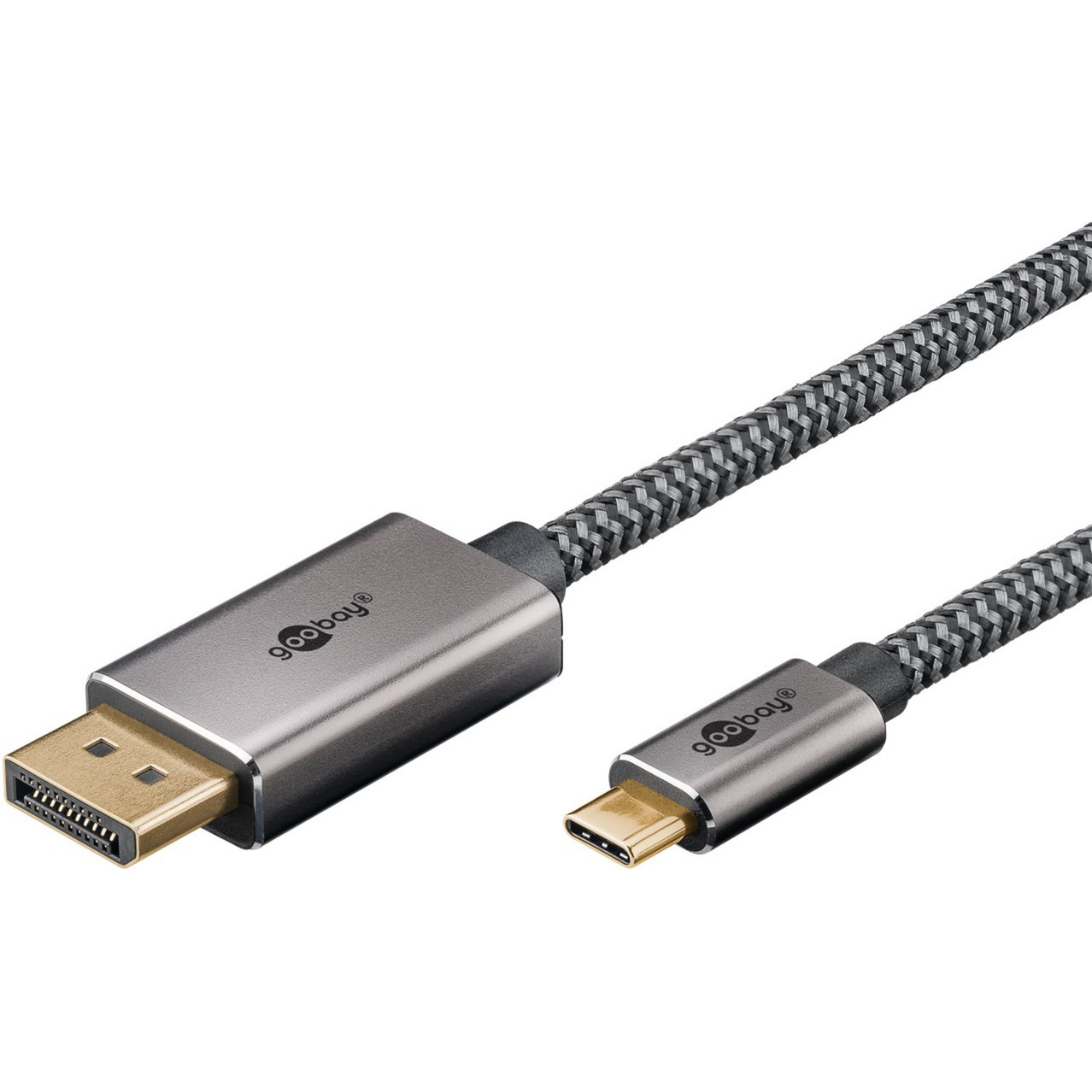 goobay USB Adapterkabel, USB-C Stecker > DisplayPort Stecker, 4K 60Hz schwarz/silber, 2 Meter, Textilkabel