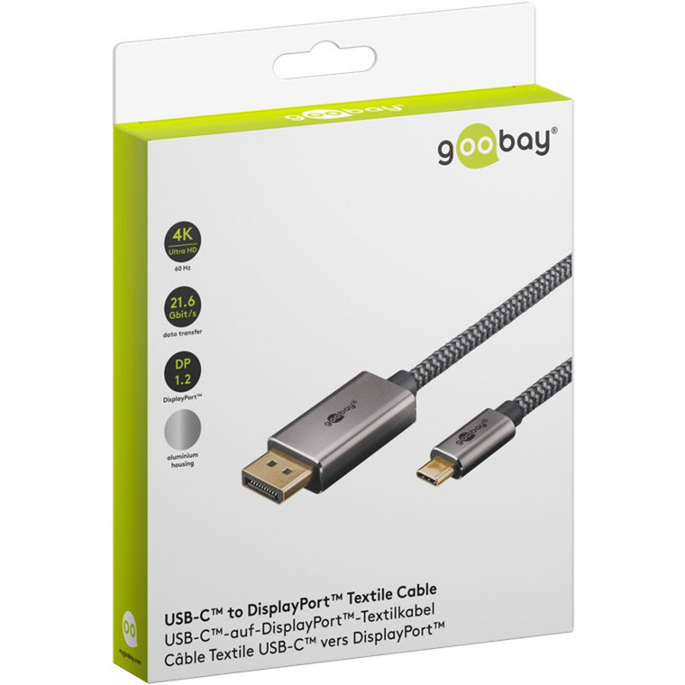 goobay USB Adapterkabel, USB-C Stecker > DisplayPort Stecker, 4K 60Hz schwarz/silber, 2 Meter, Textilkabel