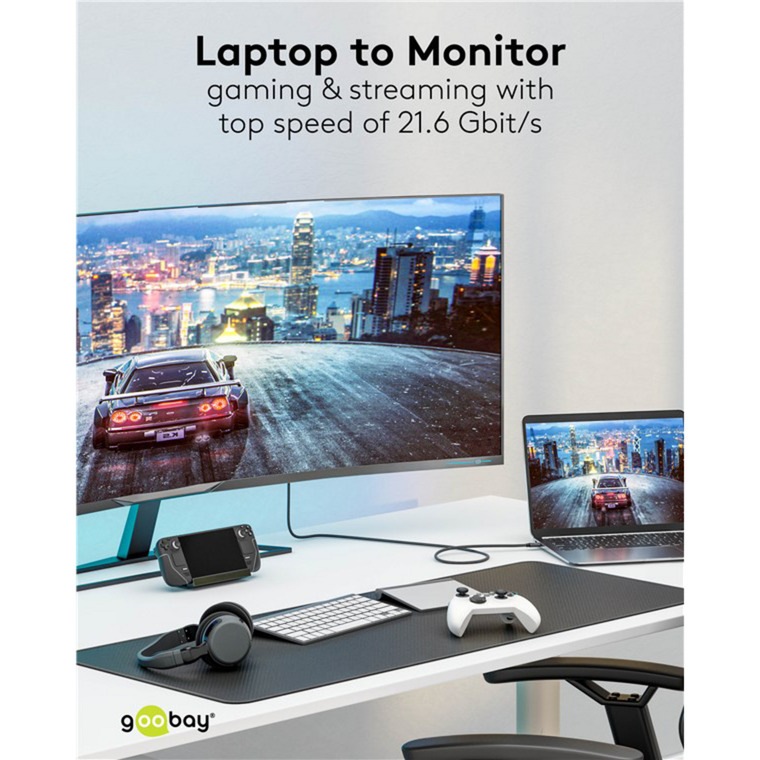 goobay USB Adapterkabel, USB-C Stecker > DisplayPort Stecker, 4K 60Hz schwarz/silber, 2 Meter, Textilkabel