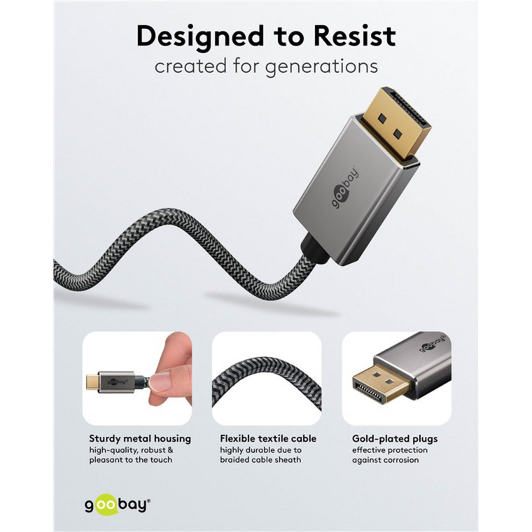 goobay USB Adapterkabel, USB-C Stecker > DisplayPort Stecker, 4K 60Hz schwarz/silber, 2 Meter, Textilkabel