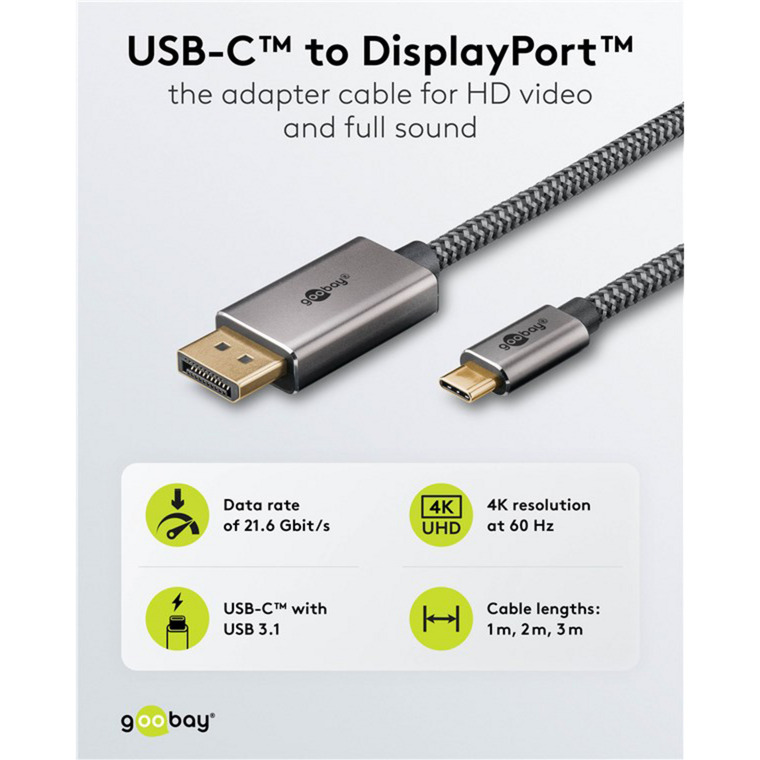 goobay USB Adapterkabel, USB-C Stecker > DisplayPort Stecker, 4K 60Hz schwarz/silber, 2 Meter, Textilkabel