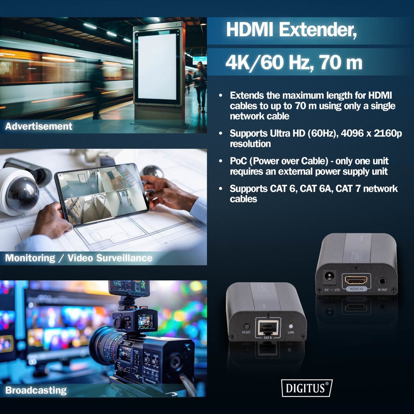 Digitus 4K HDMI Extender Set, HDMI Verlängerung 4K/60Hz, 70m