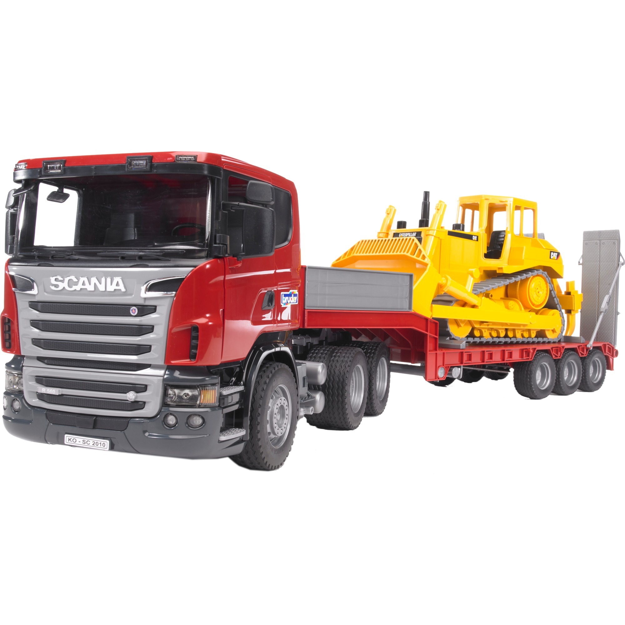 Bruder 3555 Scania R-Serie LKW mit Tieflader und Cat Bulldozer