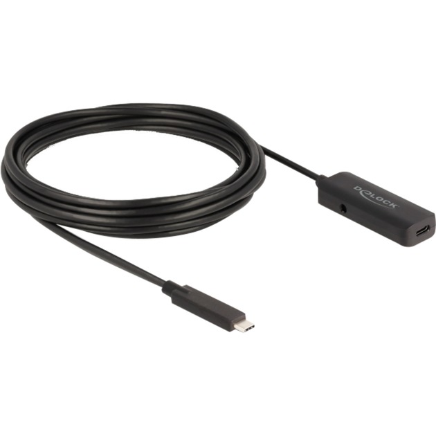 DeLOCK USB 3.2 Gen 2 Aktivverlängerungskabel, USB-C Stecker > USB-C Buchse schwarz, 5 Meter, 10 Gbps, mit DC Strombuchse