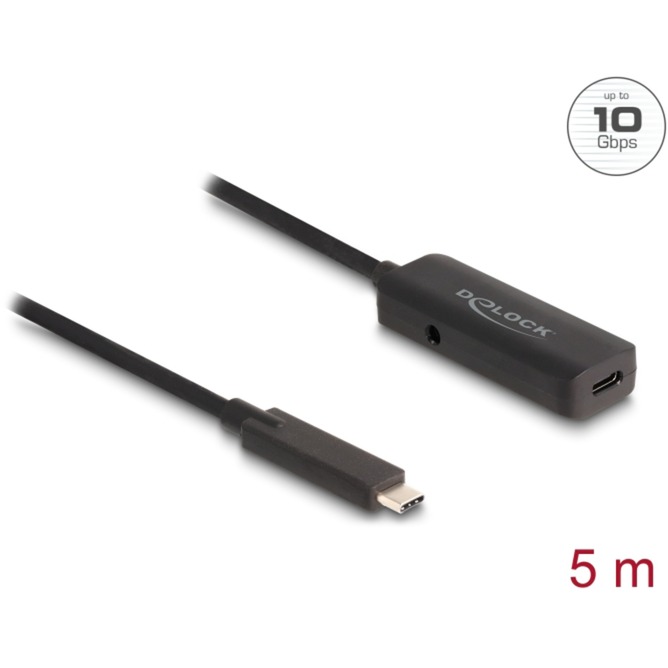 DeLOCK USB 3.2 Gen 2 Aktivverlängerungskabel, USB-C Stecker > USB-C Buchse schwarz, 5 Meter, 10 Gbps, mit DC Strombuchse