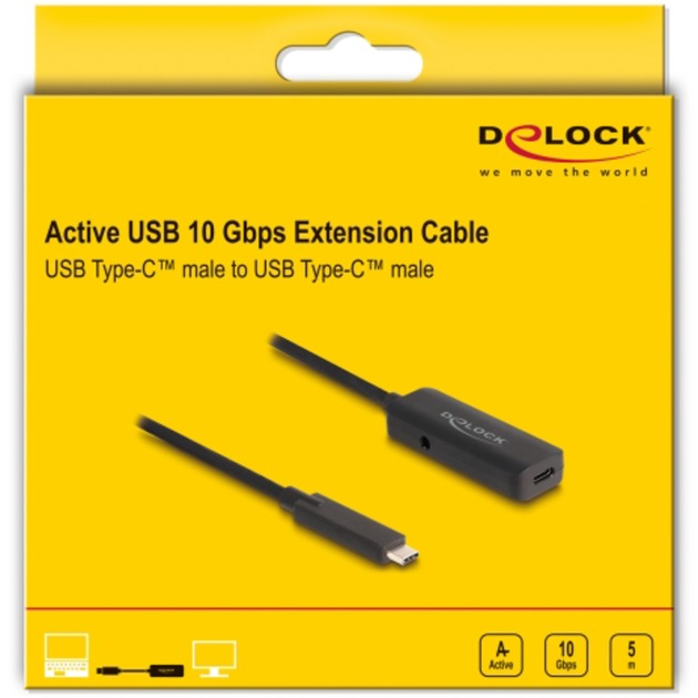 DeLOCK USB 3.2 Gen 2 Aktivverlängerungskabel, USB-C Stecker > USB-C Buchse schwarz, 5 Meter, 10 Gbps, mit DC Strombuchse