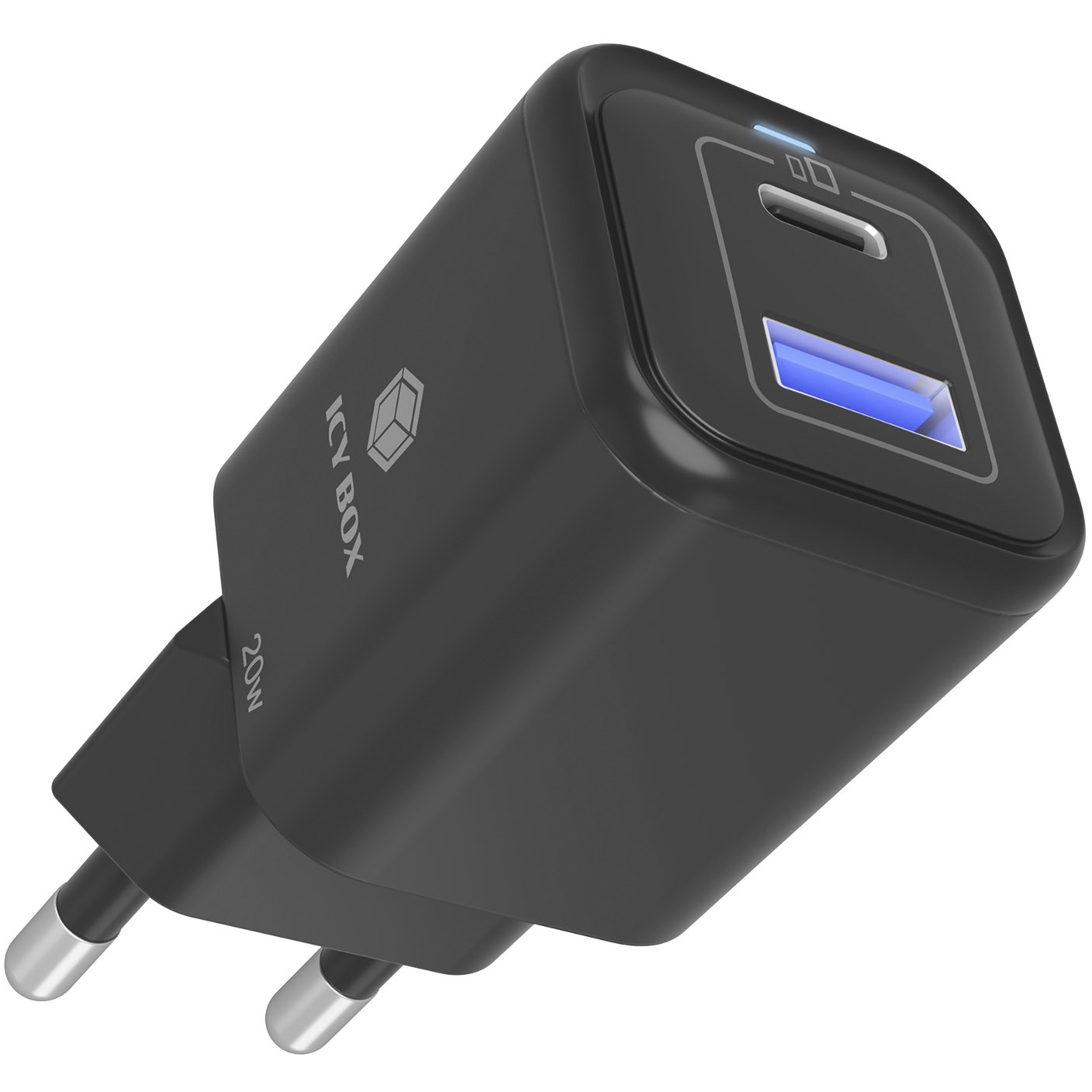 ICY BOX 2-Port USB 20W Steckerladegerät IB-PS1020-PD, USB-A + USB-C schwarz, PD 3.0 20W + QC 3.0 18W
