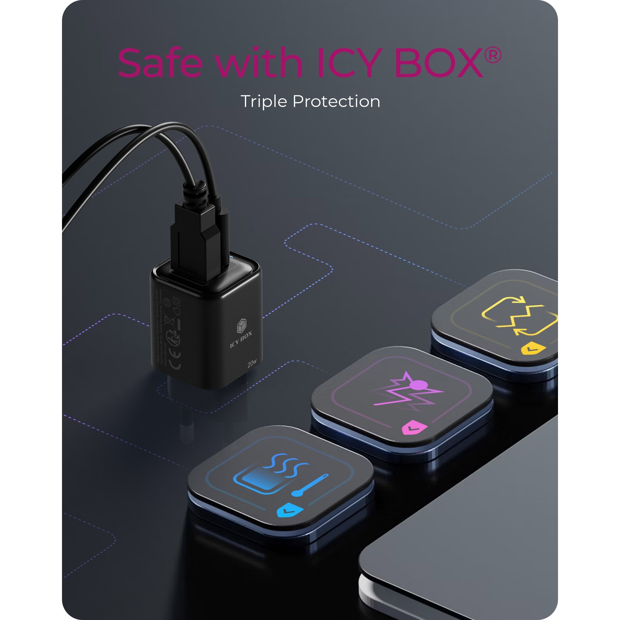 ICY BOX 2-Port USB 20W Steckerladegerät IB-PS1020-PD, USB-A + USB-C schwarz, PD 3.0 20W + QC 3.0 18W
