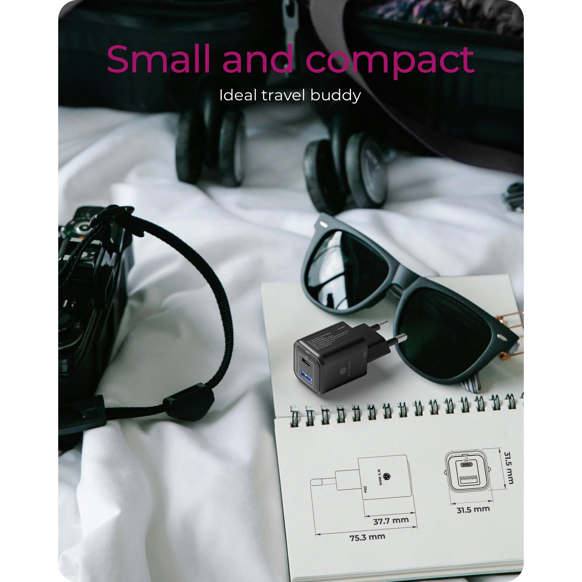 ICY BOX 2-Port USB 20W Steckerladegerät IB-PS1020-PD, USB-A + USB-C schwarz, PD 3.0 20W + QC 3.0 18W