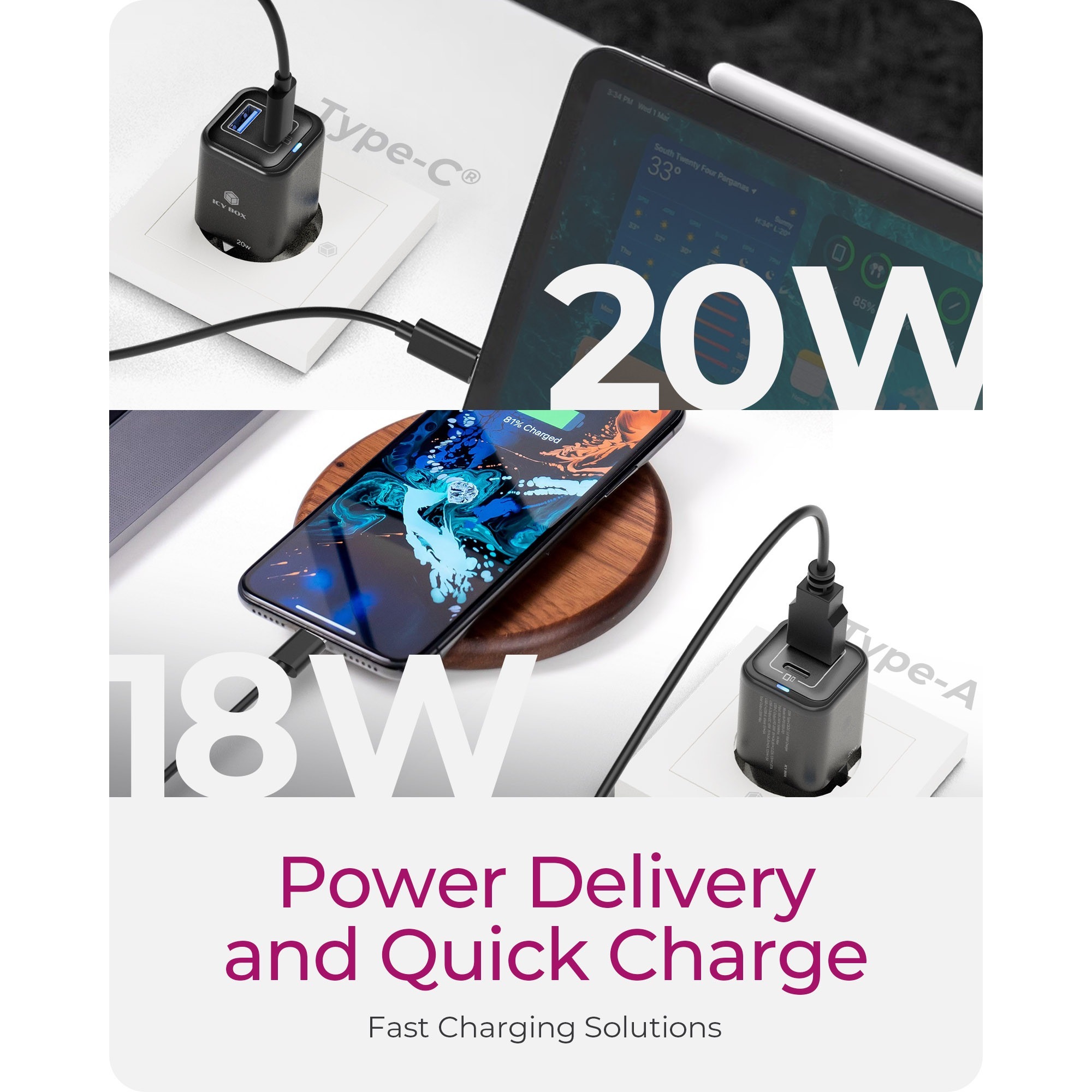 ICY BOX 2-Port USB 20W Steckerladegerät IB-PS1020-PD, USB-A + USB-C schwarz, PD 3.0 20W + QC 3.0 18W