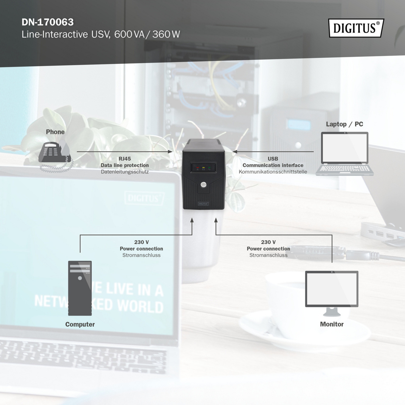 Digitus Line-Interaktive USV, 600 VA/360 Watt schwarz