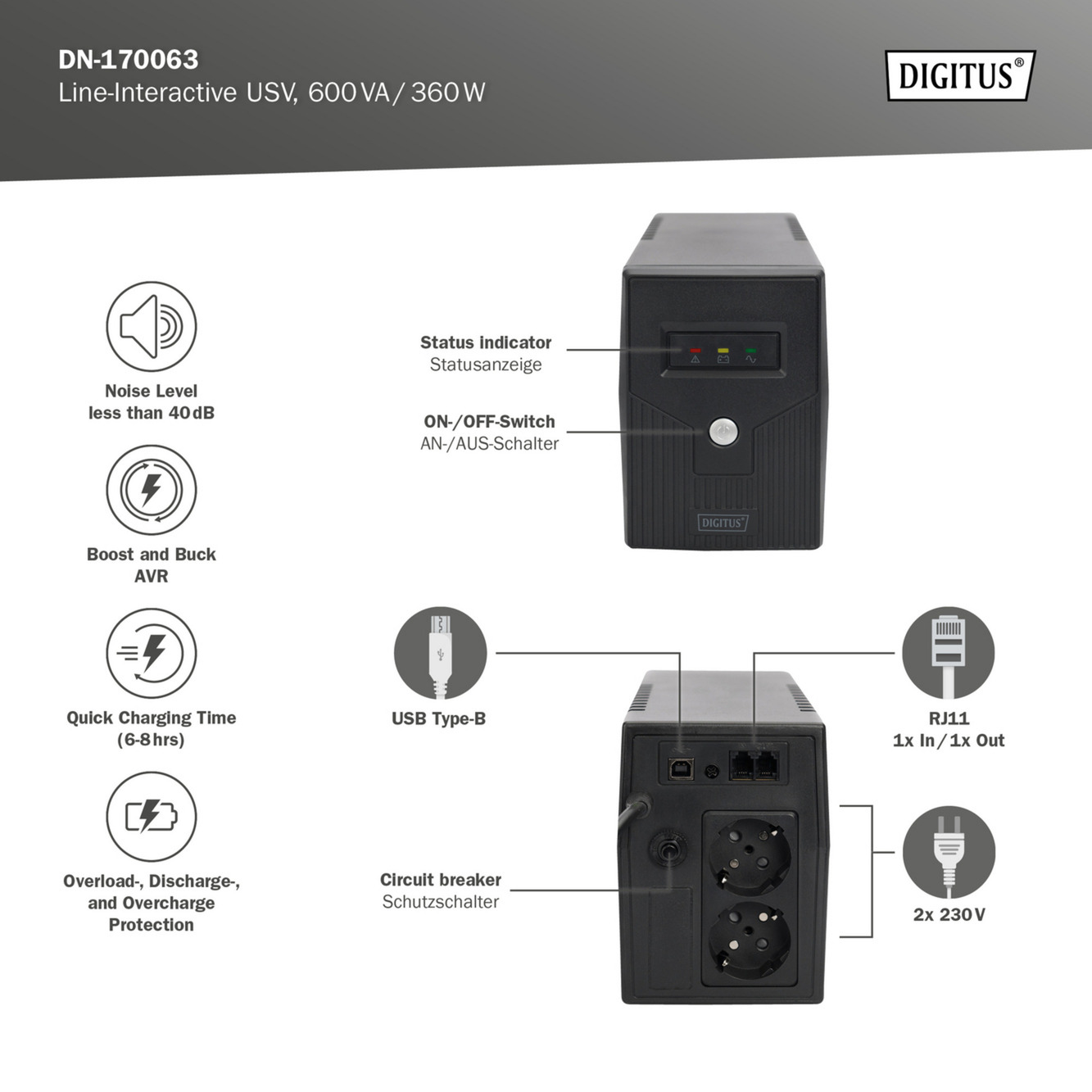 Digitus Line-Interaktive USV, 600 VA/360 Watt schwarz