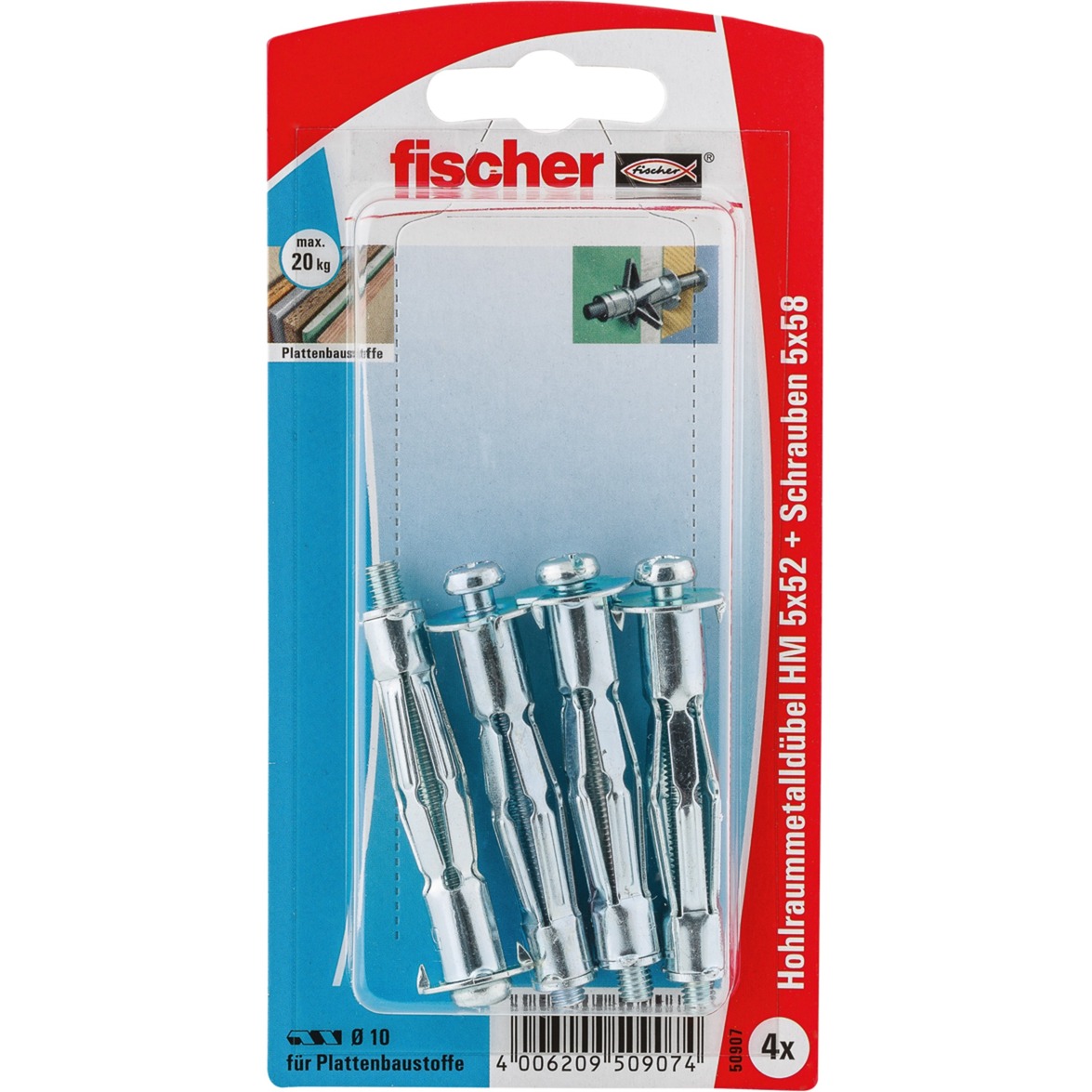 Fischer Hohlraum-Metalldübel HM 5 x 52 S 4 Stück Dübel Schraube Metalldübel