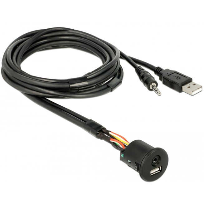 DeLOCK USB Verlängerungskabel, USB A + 3,5mm Klinkenstecker > USB A + 3,5mm Klinkenbuchse schwarz, 1,5 Meter, mit Einbaubuchse